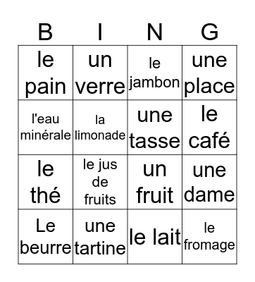 Vocabulaire Bingo Card