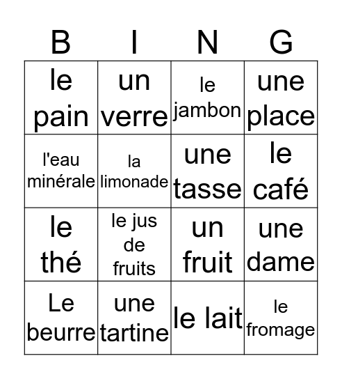 Vocabulaire Bingo Card