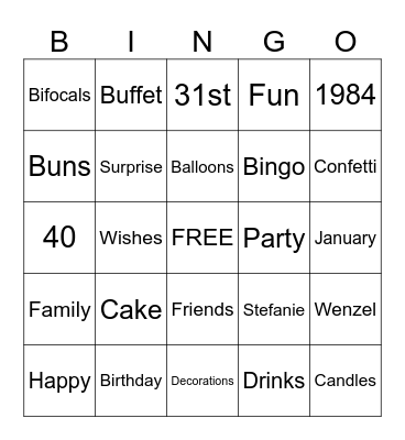 Stefanie is 40! Bingo Card