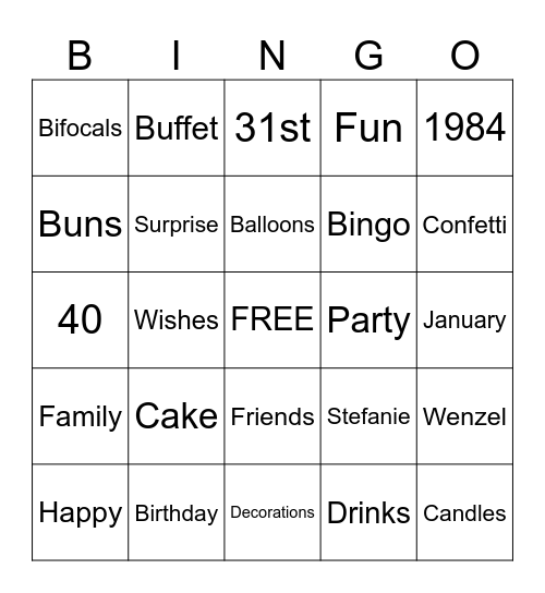 Stefanie is 40! Bingo Card