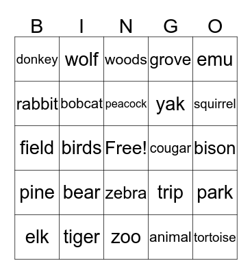 Pine Grove Zoo Bingo Card