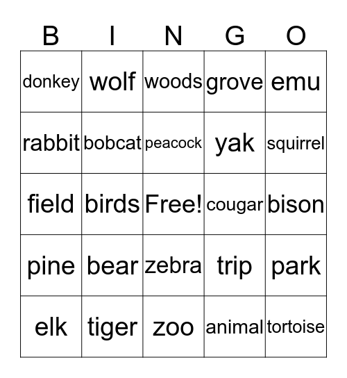 Pine Grove Zoo Bingo Card