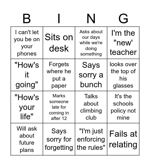 Things Ellis does over a week Bingo Card