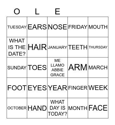 PARTES DEL CUERPO HUMANO Bingo Card