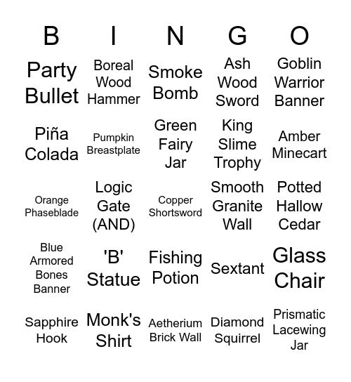 Terraria Items Bingo Card