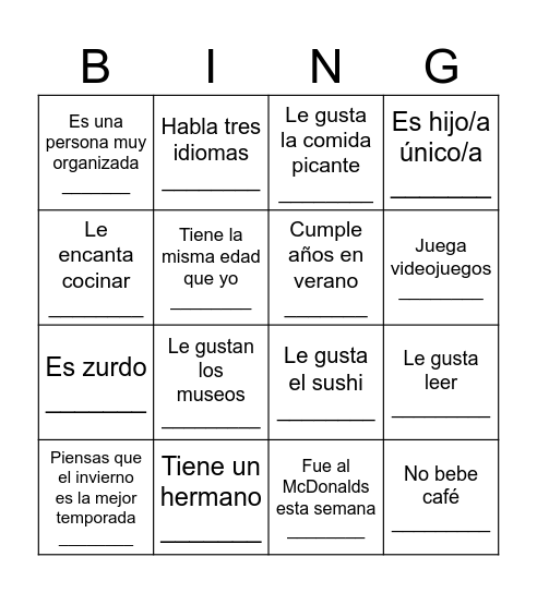 BINGO para conocerse Bingo Card