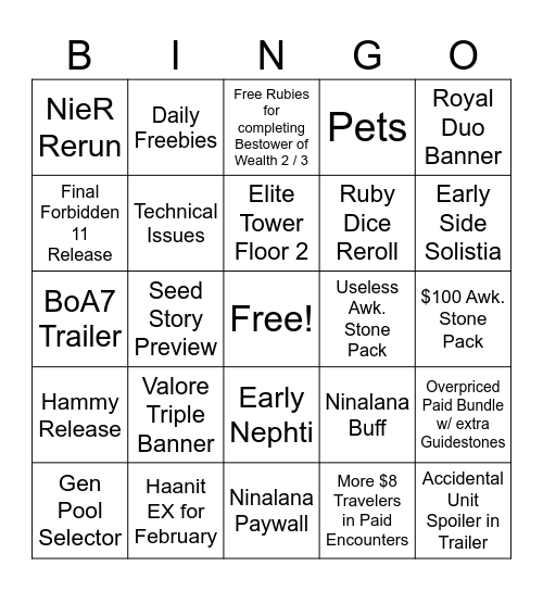 Octopath Traveler: Champions of the Bingontinent Bingo Card