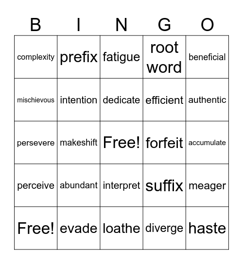 Vocab Bingo Card