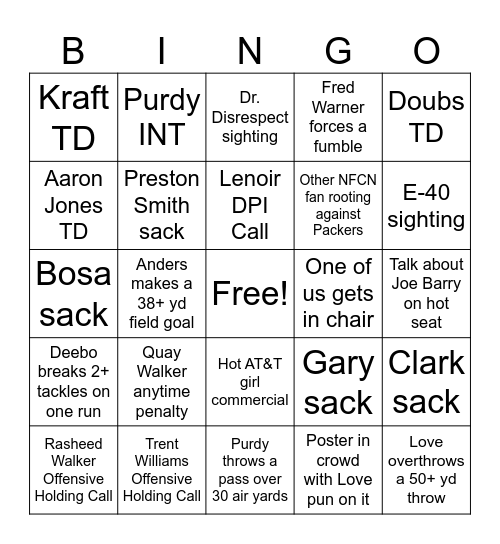 Packers v. 49ers Bingo Card