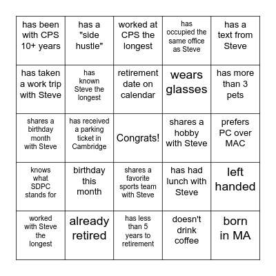 Steve's Retirement Bingo Card