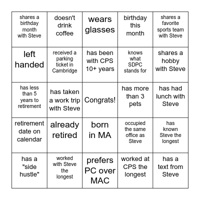 Steve's Retirement BINGO Card