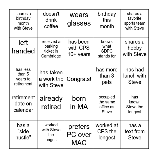 Steve's Retirement BINGO Card