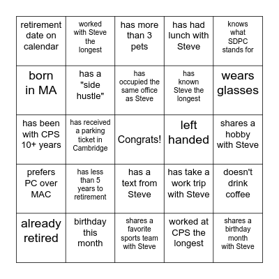 Steve's Retirement BINGO Card