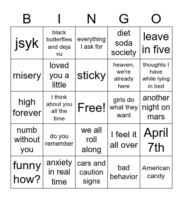 The Maine Setlist Bingo Card