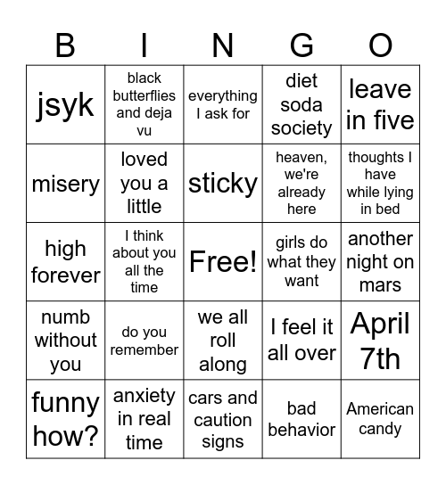 The Maine Setlist Bingo Card