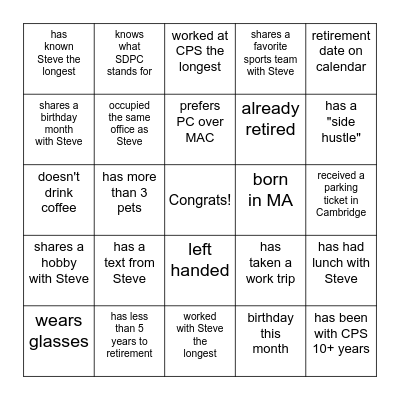 Steve's Retirement BINGO Card