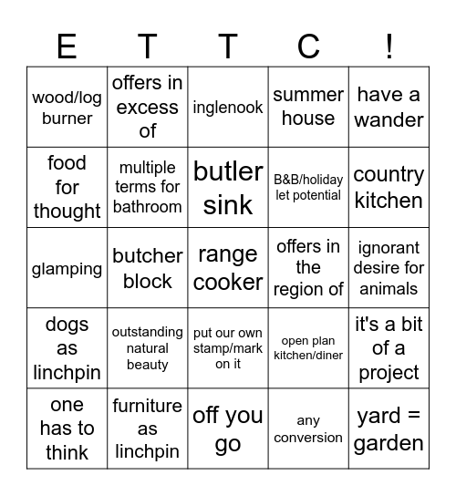 Escape To The Country Bingo Card