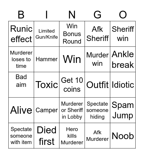 Murder Mystery X Bingo Card