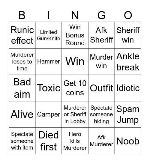 Murder Mystery X Bingo Card