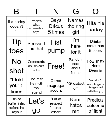 Brandon Fight Night Bingo Card