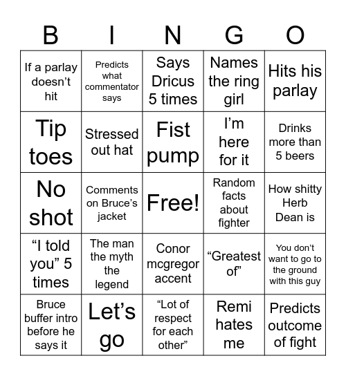 Brandon Fight Night Bingo Card