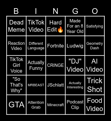 YouTube Shorts Bingo Card