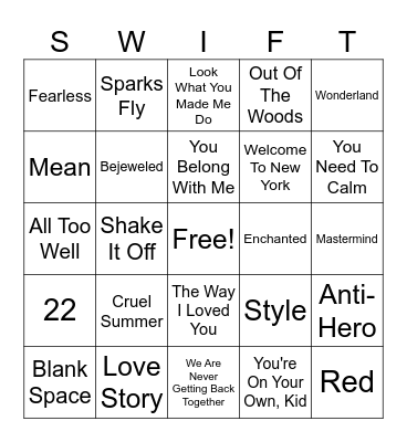 Taylor Swift Bingo Card