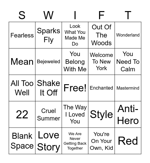 Taylor Swift Bingo Card