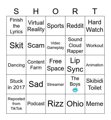 Youtube Shorts Bingo Card