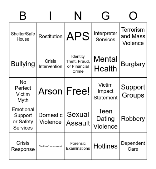 Word Often Used In Victim Services Bingo Card