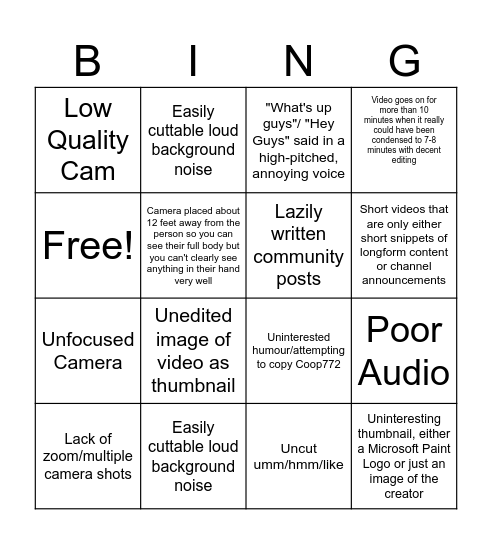 Low Subscriber Nerftuber Bingo Card