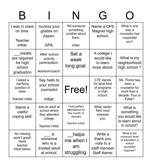 School Counseling Week BINGO Card