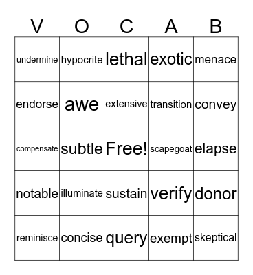 Vocabulary Bingo Words Bingo Card