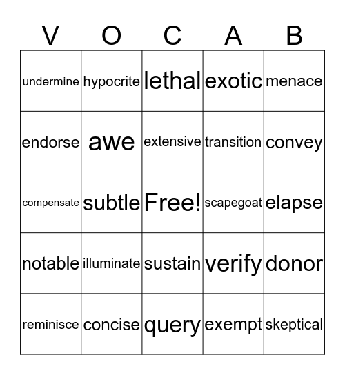 Vocabulary Bingo Words Bingo Card