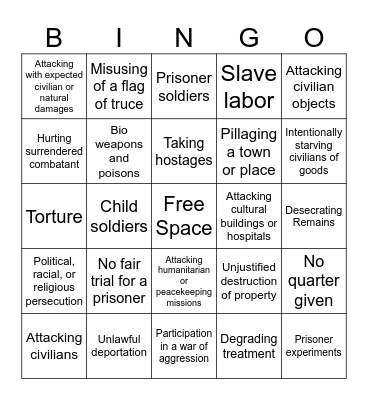 War Crimes Bingo Card