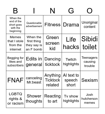 YouTube shorts bingo Card