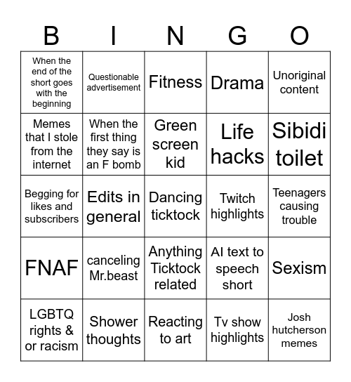 YouTube shorts bingo Card