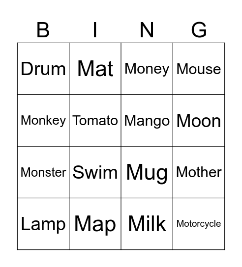 Letter M Bingo Card