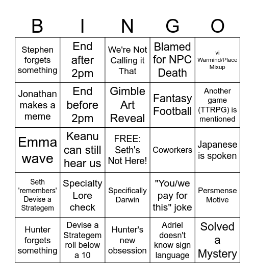 Fateless Bingo Card