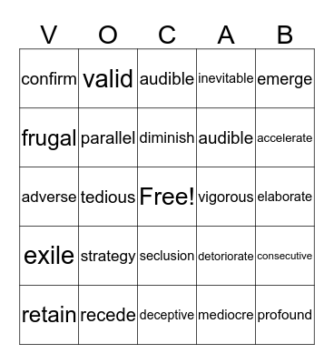 VOCABULARY BINGO Card