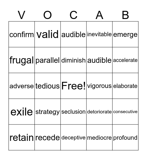 VOCABULARY BINGO Card