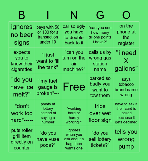 Gas Station Bingo Card