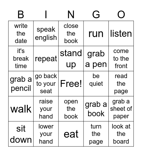 Classroom Commands Bingo Card