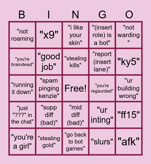 what will my team mates say to me this game Bingo Card