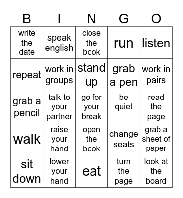 Classroom Commands Bingo Card