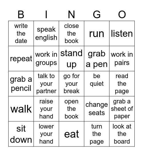 Classroom Commands Bingo Card