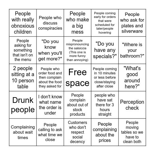 Annoying Customer Bingo Card