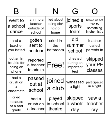 HIGH SCHOOL BINGO Card