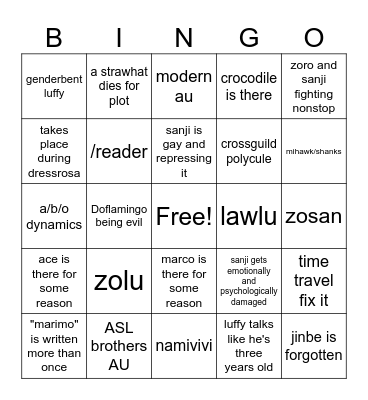 One Piece Fanfiction Bingo Card