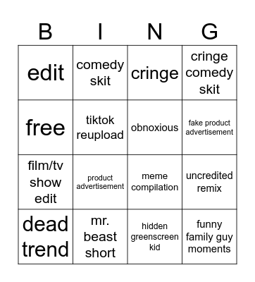 shorts bingo Card